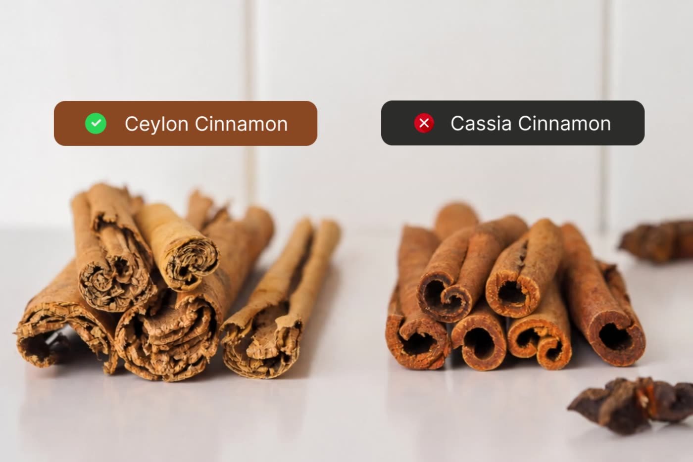 Ceylon cinnamon next to cassia cinnamon