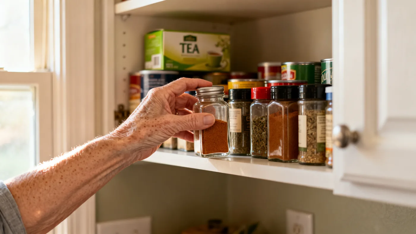 A hand pulling the cinnamon jar out of the kitchen cabinet to read the label