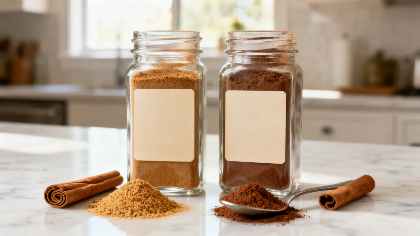 Two jars of cinnamon powder side by side, one pale and finely milled, one dark and coarse