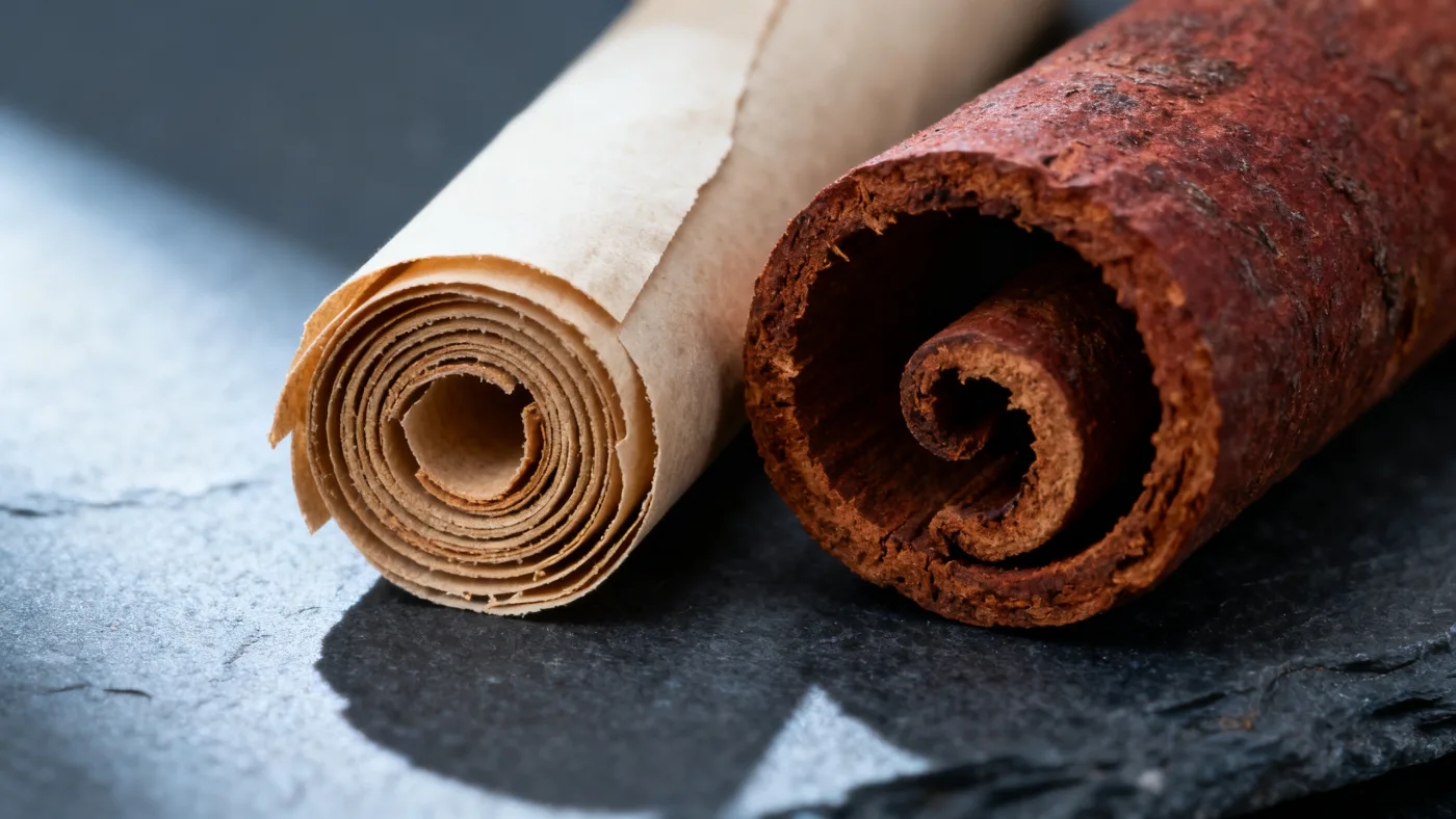 Cross-section of two quills: many paper-thin layers on one, a single thick curl on the other