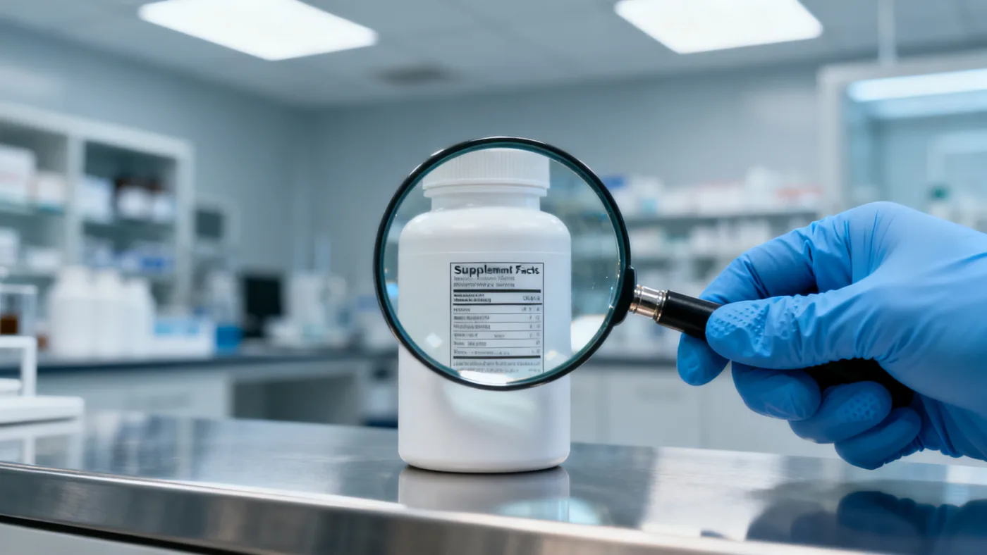 A magnifying glass over the supplement facts panel on a bottle