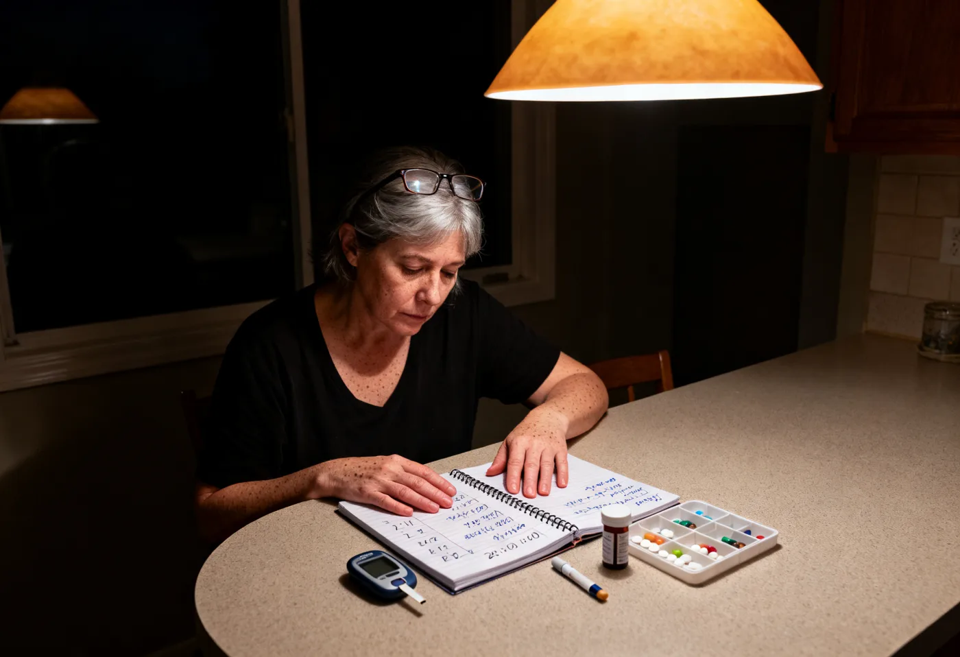 A woman alone at her kitchen table at one in the morning, a notebook and a glucose meter in front of her