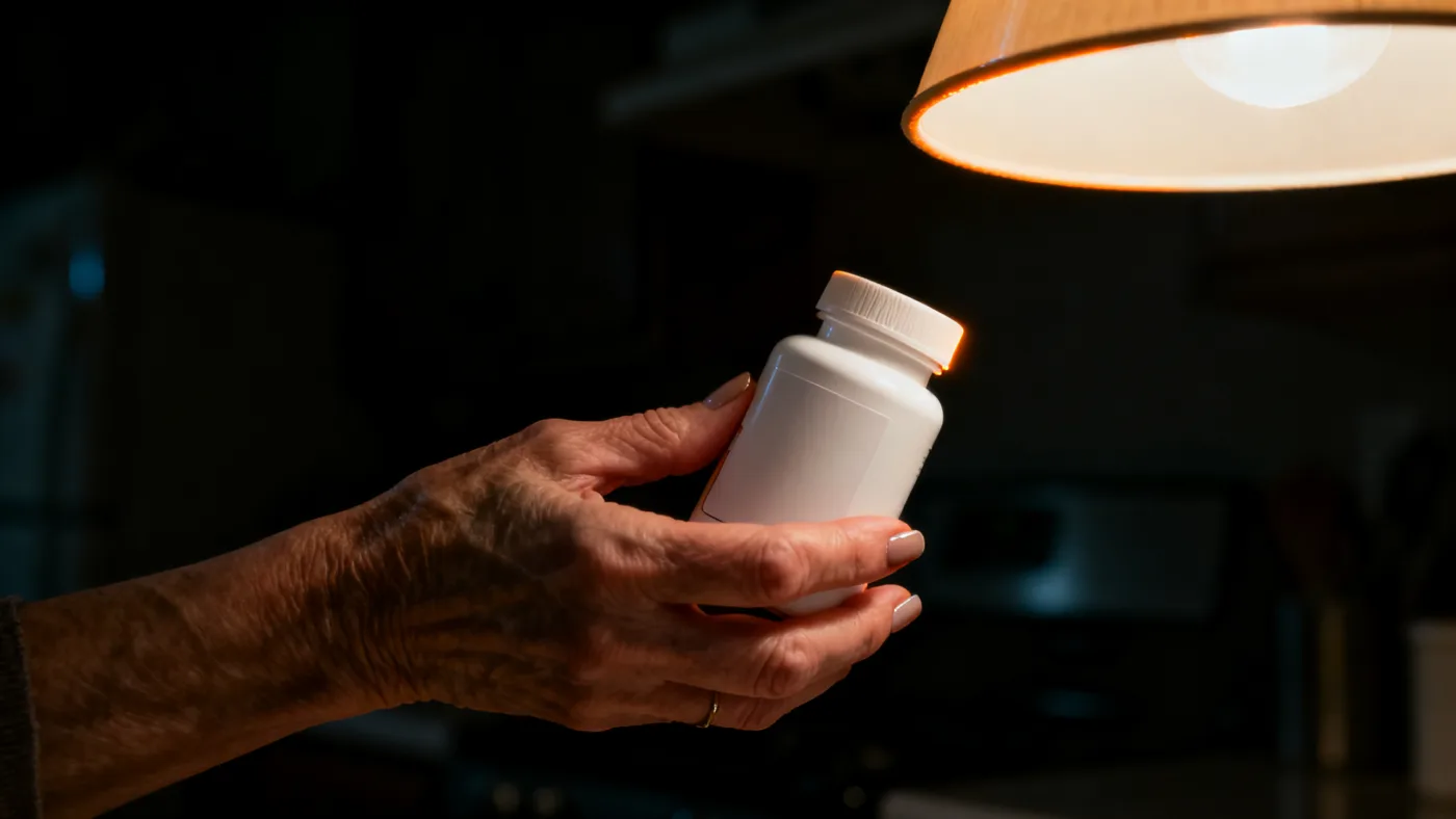 A hand holding a drugstore cinnamon bottle up to the kitchen lamp at night