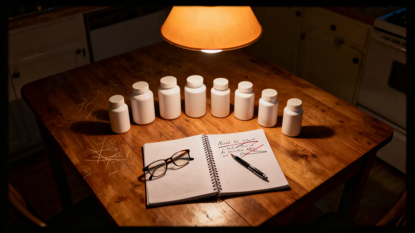 Supplement bottles lined up on a kitchen table at night beside a notebook of crossed-out names