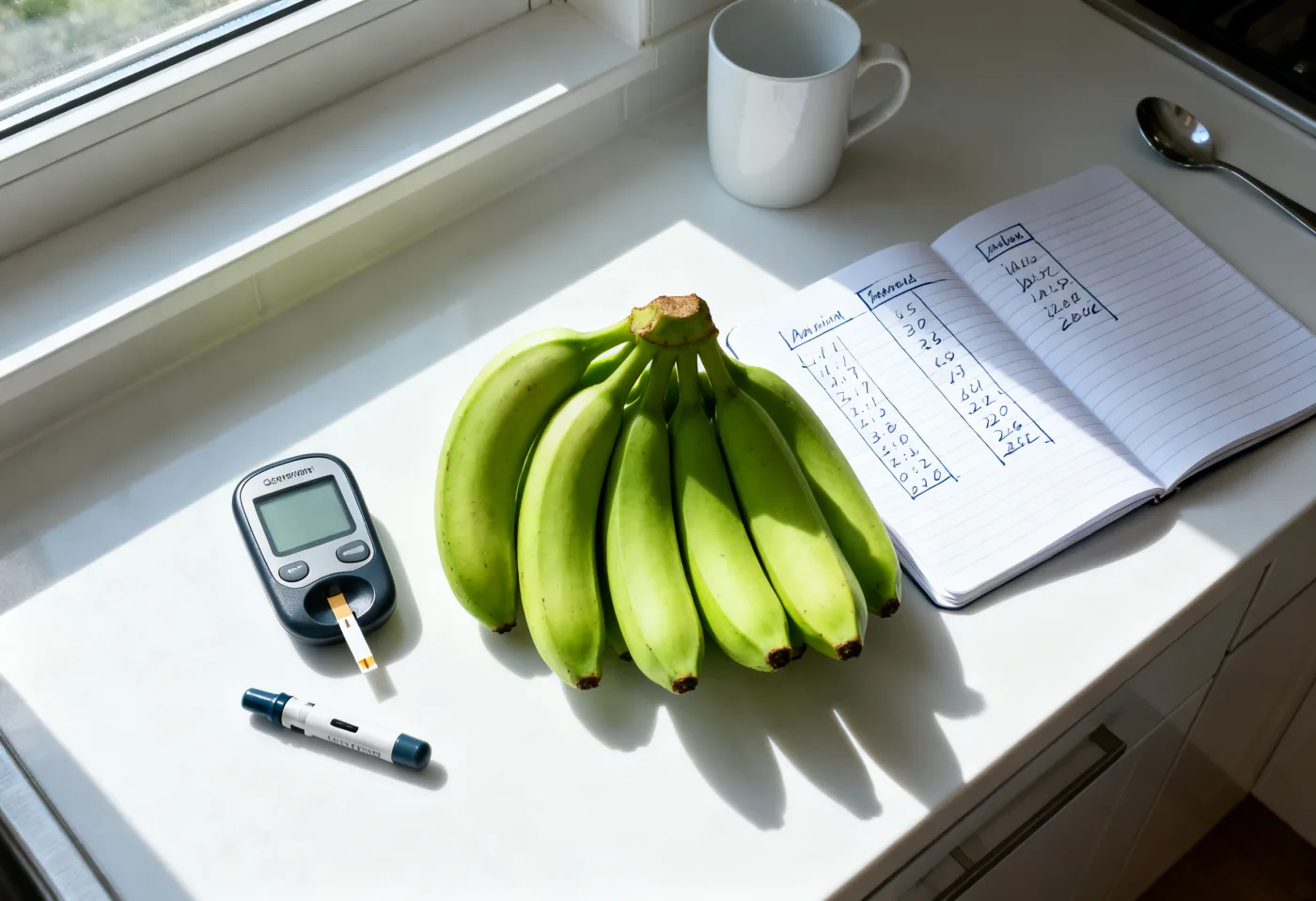 Green bananas, a glucose meter and a notebook on a kitchen counter