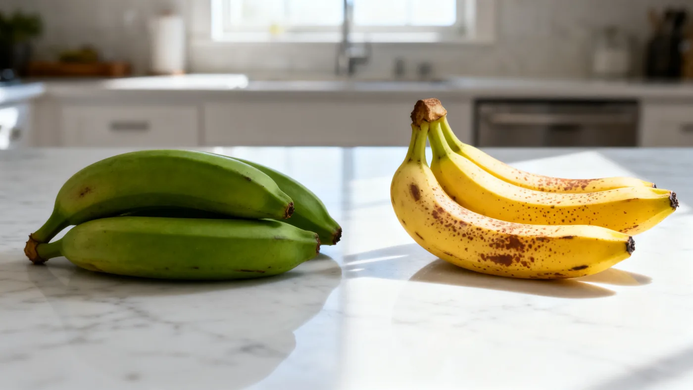 Three firm green bananas beside three fully ripe yellow bananas on a white counter