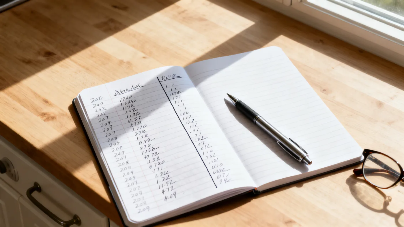 An open notebook on a kitchen table with two handwritten columns of numbers
