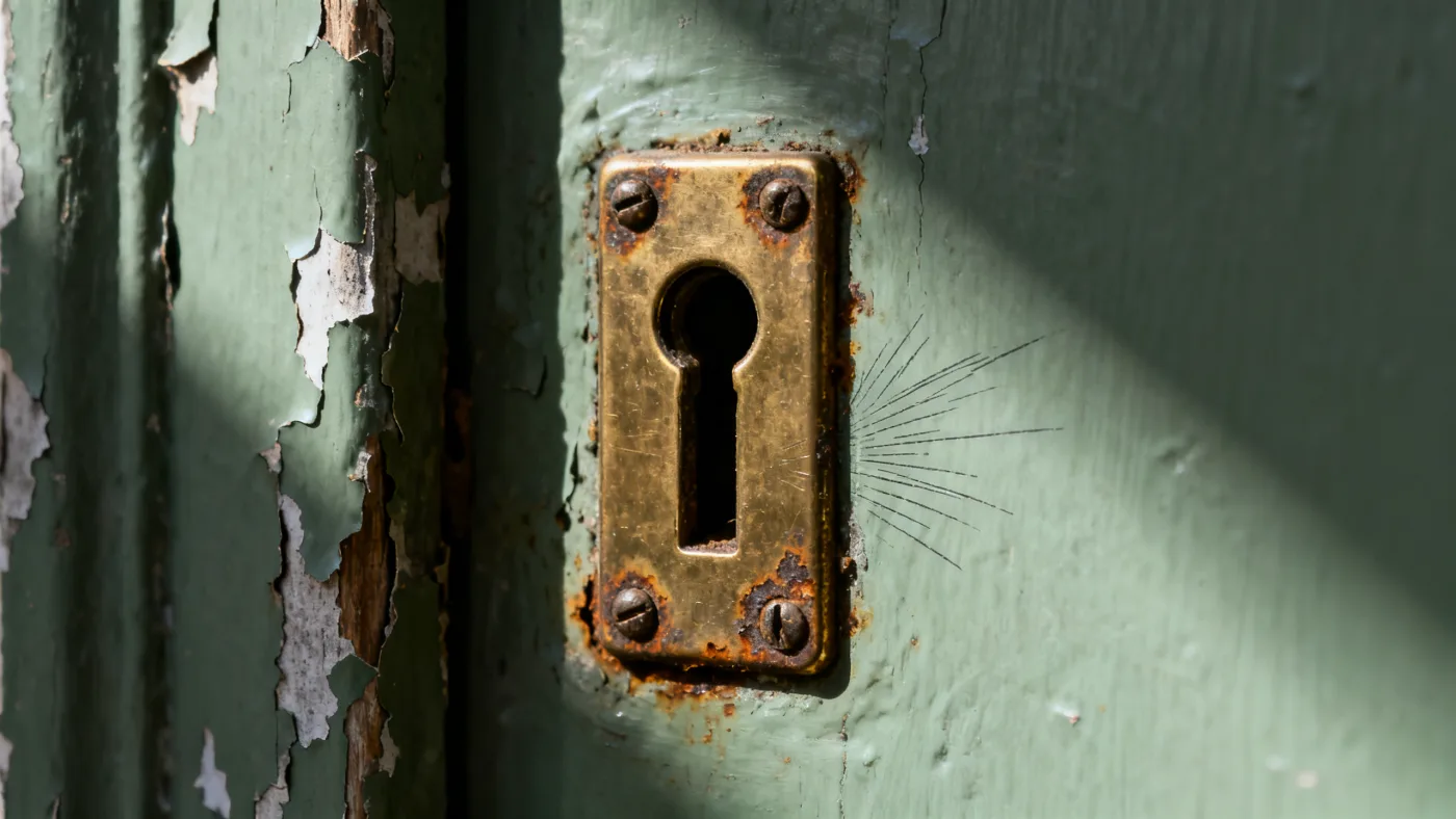 Macro photograph of an old brass keyhole, corroded, with scratch marks around the slot