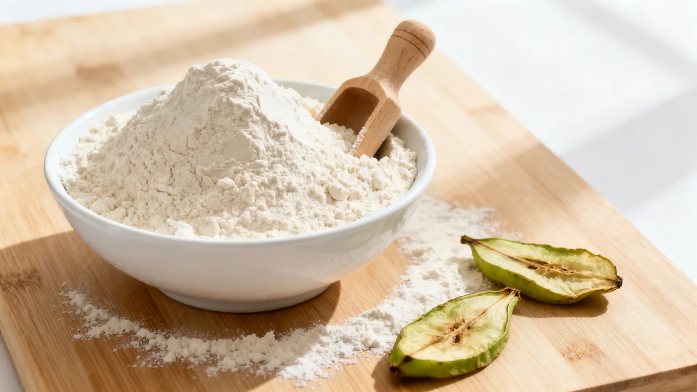 A shallow white bowl of pale starchy flour with a small wooden scoop
